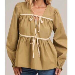 New with tags In February Chic Beige Long Sleeve Blouse with Tie Accents